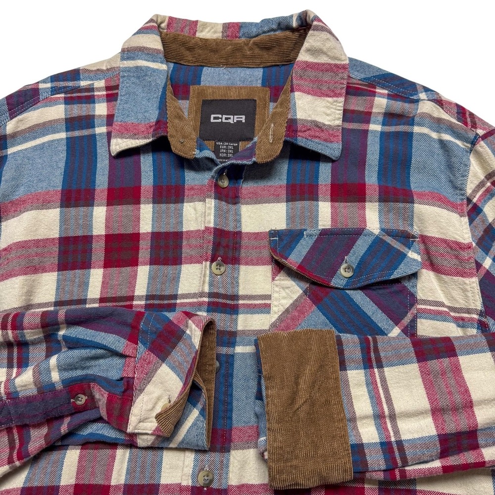 CQR Shirt Mens 2XL Multicolor Plaid Flannel Button Up Corduroy Trim‎ Workwear